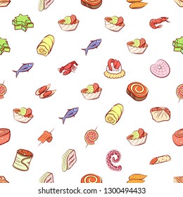 Seafood and Snacks set. Background for printing, design, web. Usable as icons. Seamless. Colored.