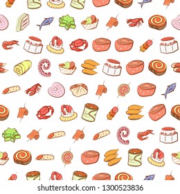 Seafood and Snacks set. Background for printing, design, web. Usable as icons. Seamless. Colored.