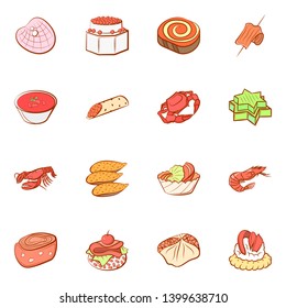 Seafood and Snacks set. Background for printing, design, web. Usable as icons. Colored.