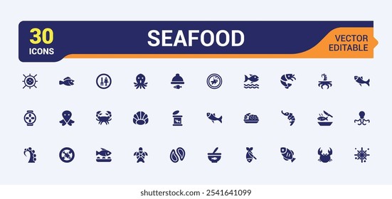 Seafood solid icon set. Containing grilled salmon, water, cuttlefish, fishing, fish bones, steak, baked and more. Pixel perfect. Editable vector illustration.