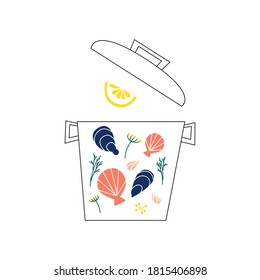 Icono vectorial de la línea de sopa de pescado. Mussel y almeja en la ilustración del contorno del recipiente, trazo editable.