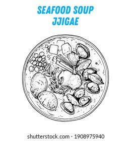 Seafood soup Sundubu jjigae sketch, korean food. Hand drawn vector illustration. Sketch style. Top view. Vintage vector illustration.