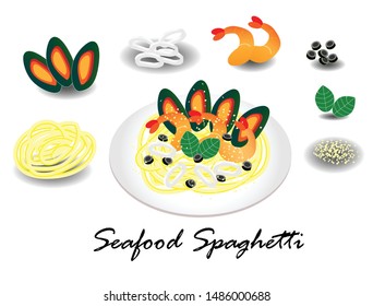 Seafood spaghetti on white plate  with 
Mussels, squid rings, shrimps, black olives and parmesan cheese.Display each ingredients on top. Isolated in white background. Side view. Vector Illustustration