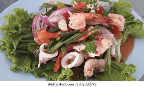Seafood Spicy Salad in white plate