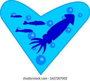 seafood squid and fish on the background of hearts and water bubbles concept of marine inhabitants logo for design