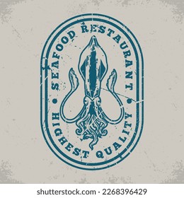 Seafood squid vintage sticker monochrome for menus or interior restaurants with high quality fish and small fish dishes vector illustration