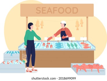 Seafood stall with frozen production 2D vector isolated illustration. Shopkeeper and customer flat characters on cartoon background. Buying fresh fish products at grocery store colourful scene