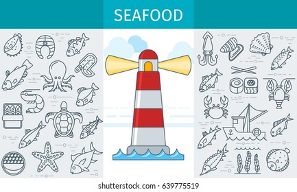 Seafood store banner. Design template with flat line icons of seafood and fish products. Vector illustration