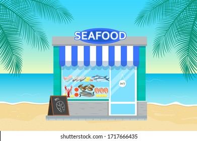 Seafood store in flat style. Facade of seafood market.
Ocean and palm tree on background.
