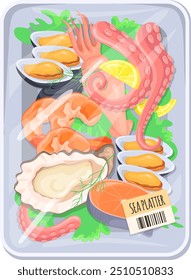 Pacote da loja de frutos do mar. Envoltório de bandeja de plástico de desenho animado isolado no fundo branco