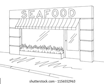 Seafood store shop exterior graphic black white sketch illustration vector