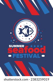 Seafood Summer Festival. Fish and Chips party. Family holiday event, happy celebration. Ocean and sea food. Healthy eating, outdoor barbecue. Vacation with delicious snack. Vector illustration