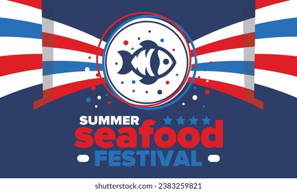 Seafood Summer Festival. Fish and Chips party. Family holiday event, happy celebration. Ocean and sea food. Healthy eating, outdoor barbecue. Vacation with delicious snack. Vector illustration