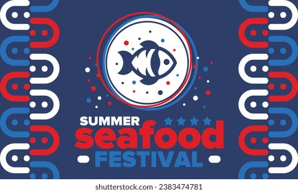 Seafood Summer Festival. Fish and Chips party. Family holiday event, happy celebration. Ocean and sea food. Healthy eating, outdoor barbecue. Vacation with delicious snack. Vector illustration