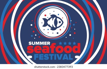 Seafood Summer Festival. Fish and Chips party. Family holiday event, happy celebration. Ocean and sea food. Healthy eating, outdoor barbecue. Vacation with delicious snack. Vector illustration