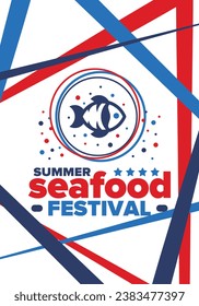 Seafood Summer Festival. Fish and Chips party. Family holiday event, happy celebration. Ocean and sea food. Healthy eating, outdoor barbecue. Vacation with delicious snack. Vector illustration