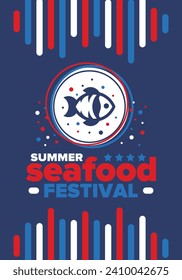Seafood Summer Festival. Fish and Chips party. Family holiday event, happy celebration. Ocean and sea food. Healthy eating, outdoor barbecue. Vacation with delicious snack. Vector illustration