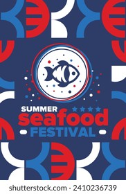 Seafood Summer Festival. Fish and Chips party. Family holiday event, happy celebration. Ocean and sea food. Healthy eating, outdoor barbecue. Vacation with delicious snack. Vector illustration