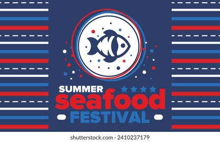 Seafood Summer Festival. Fish and Chips party. Family holiday event, happy celebration. Ocean and sea food. Healthy eating, outdoor barbecue. Vacation with delicious snack. Vector illustration