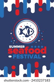 Seafood Summer Festival. Fish and Chips party. Family holiday event, happy celebration. Ocean and sea food. Healthy eating, outdoor barbecue. Vacation with delicious snack. Vector illustration