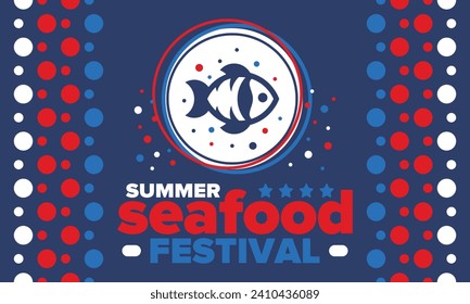 Seafood Summer Festival. Fish and Chips party. Family holiday event, happy celebration. Ocean and sea food. Healthy eating, outdoor barbecue. Vacation with delicious snack. Vector illustration