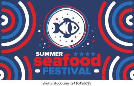 Seafood Summer Festival. Fish and Chips party. Family holiday event, happy celebration. Ocean and sea food. Healthy eating, outdoor barbecue. Vacation with delicious snack. Vector illustration