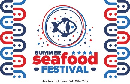 Seafood Summer Festival. Fish and Chips party. Family holiday event, happy celebration. Ocean and sea food. Healthy eating, outdoor barbecue. Vacation with delicious snack. Vector illustration