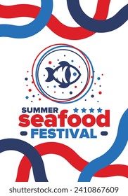 Seafood Summer Festival. Fish and Chips party. Family holiday event, happy celebration. Ocean and sea food. Healthy eating, outdoor barbecue. Vacation with delicious snack. Vector illustration