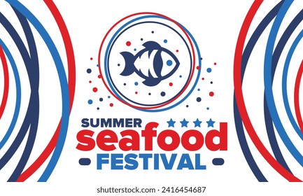 Seafood Summer Festival. Fish and Chips party. Family holiday event, happy celebration. Ocean and sea food. Healthy eating, outdoor barbecue. Vacation with delicious snack. Vector illustration