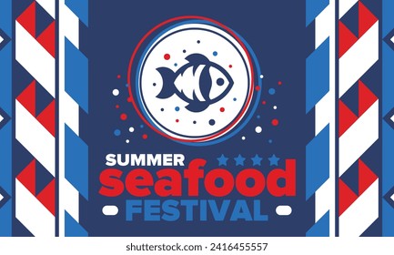 Seafood Summer Festival. Fish and Chips party. Family holiday event, happy celebration. Ocean and sea food. Healthy eating, outdoor barbecue. Vacation with delicious snack. Vector illustration