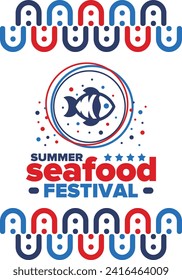 Seafood Summer Festival. Fish and Chips party. Family holiday event, happy celebration. Ocean and sea food. Healthy eating, outdoor barbecue. Vacation with delicious snack. Vector illustration