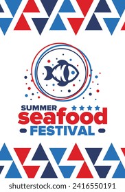 Seafood Summer Festival. Fish and Chips party. Family holiday event, happy celebration. Ocean and sea food. Healthy eating, outdoor barbecue. Vacation with delicious snack. Vector illustration