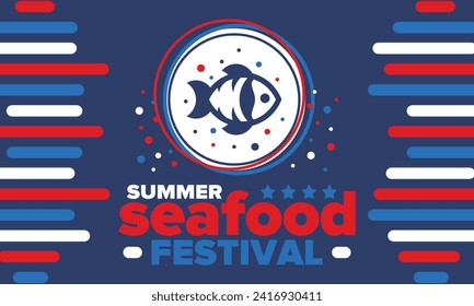 Seafood Summer Festival. Fish and Chips party. Family holiday event, happy celebration. Ocean and sea food. Healthy eating, outdoor barbecue. Vacation with delicious snack. Vector illustration