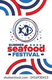 Seafood Summer Festival. Fish and Chips party. Family holiday event, happy celebration. Ocean and sea food. Healthy eating, outdoor barbecue. Vacation with delicious snack. Vector illustration