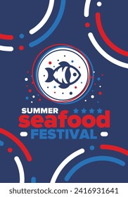 Seafood Summer Festival. Fish and Chips party. Family holiday event, happy celebration. Ocean and sea food. Healthy eating, outdoor barbecue. Vacation with delicious snack. Vector illustration