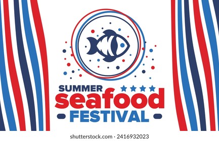 Seafood Summer Festival. Fish and Chips party. Family holiday event, happy celebration. Ocean and sea food. Healthy eating, outdoor barbecue. Vacation with delicious snack. Vector illustration