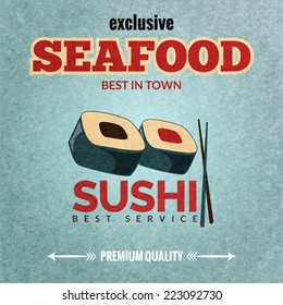 Seafood sushi bar premium quality restaurant retro poster with rolls and chopsticks vector illustration.