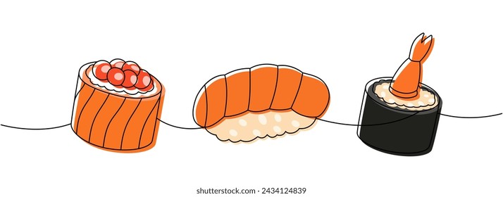 Seafood sushi rolls. Japanese cuisine, traditional food one line drawing. Ikura sushi, tobiko maki, sake nigiri, shrimp roll one line illustration.