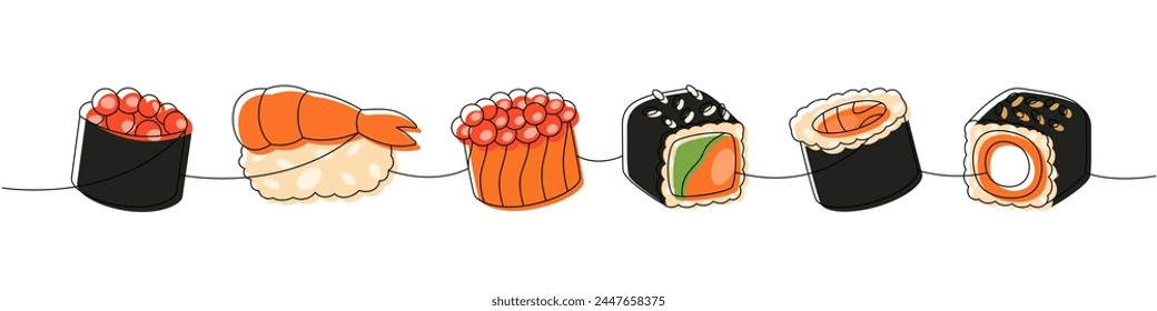 Seafood sushi rolls. Japanese cuisine, traditional food one line drawing. Ikura sushi, tobiko maki, shrimp nigiri, tekkamaki tuna roll, futomaki