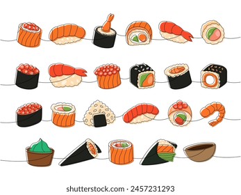 Seafood sushi rolls. Japanese traditional food one line drawing. Ikura sushi, tobiko maki, philadelphia roll, onigiri, shrimp nigiri, tekkamaki tuna