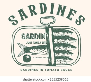 Seafood t shirt design. Canned fish artwork. Fish vintage artwork. Sardines fish artwork for t shirt print, poster, sticker and other uses. 