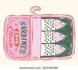 Seafood t shirt design. Canned fish artwork. Fish vintage artwork. Sardines fish artwork for t shirt print, poster, sticker and other uses. Sardines love club.