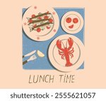 Seafood t shirt design. Lemon tomato with passion fruit artwork. Sardines fish artwork. Lobster design. Fish vintage artwork. Lobster fish artwork for t shirt print, poster, sticker and other uses.