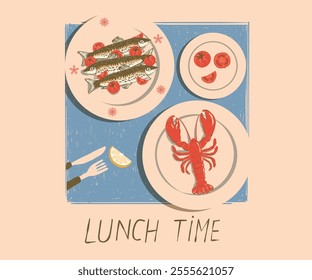 Seafood t shirt design. Lemon tomato with passion fruit artwork. Sardines fish artwork. Lobster design. Fish vintage artwork. Lobster fish artwork for t shirt print, poster, sticker and other uses.