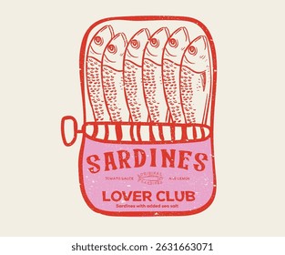 Seafood t shirt design. Sardines love club. Canned fish artwork. Fish vintage artwork. Sardines fish artwork for t shirt print, poster, sticker and other uses. Dinner party.