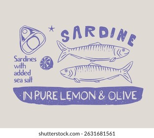 Seafood t shirt design. Sardines love club. In pure olive and lemon. Canned fish artwork. Fish vintage artwork. Dinner party. Sardines fish artwork for t shirt print, poster, sticker and other uses.