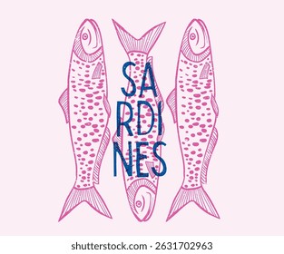 Seafood t shirt design. Sardines love club.  Sardines fish artwork for t shirt print, poster, sticker and other uses.