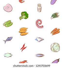 Seafood, Table setting and Vegetables set. Background for printing, design, web. Usable as icons. Seamless. Colored.