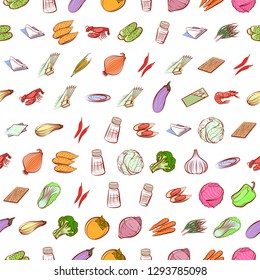 Seafood, Table setting and Vegetables set. Background for printing, design, web. Usable as icons. Seamless. Colored.