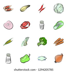 Seafood, Table setting and Vegetables set. Background for printing, design, web. Usable as icons. Colored.